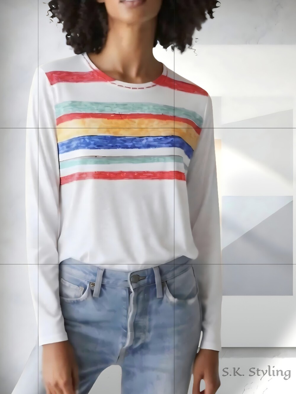 Time and Tru Long Sleeve Top T-shirt White with Multicolor Brush Stokes LARGE